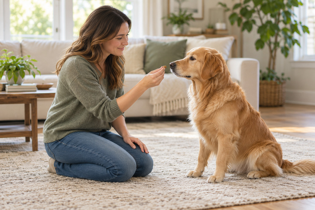Woman rewarding a seated golden retriever during dog training at home